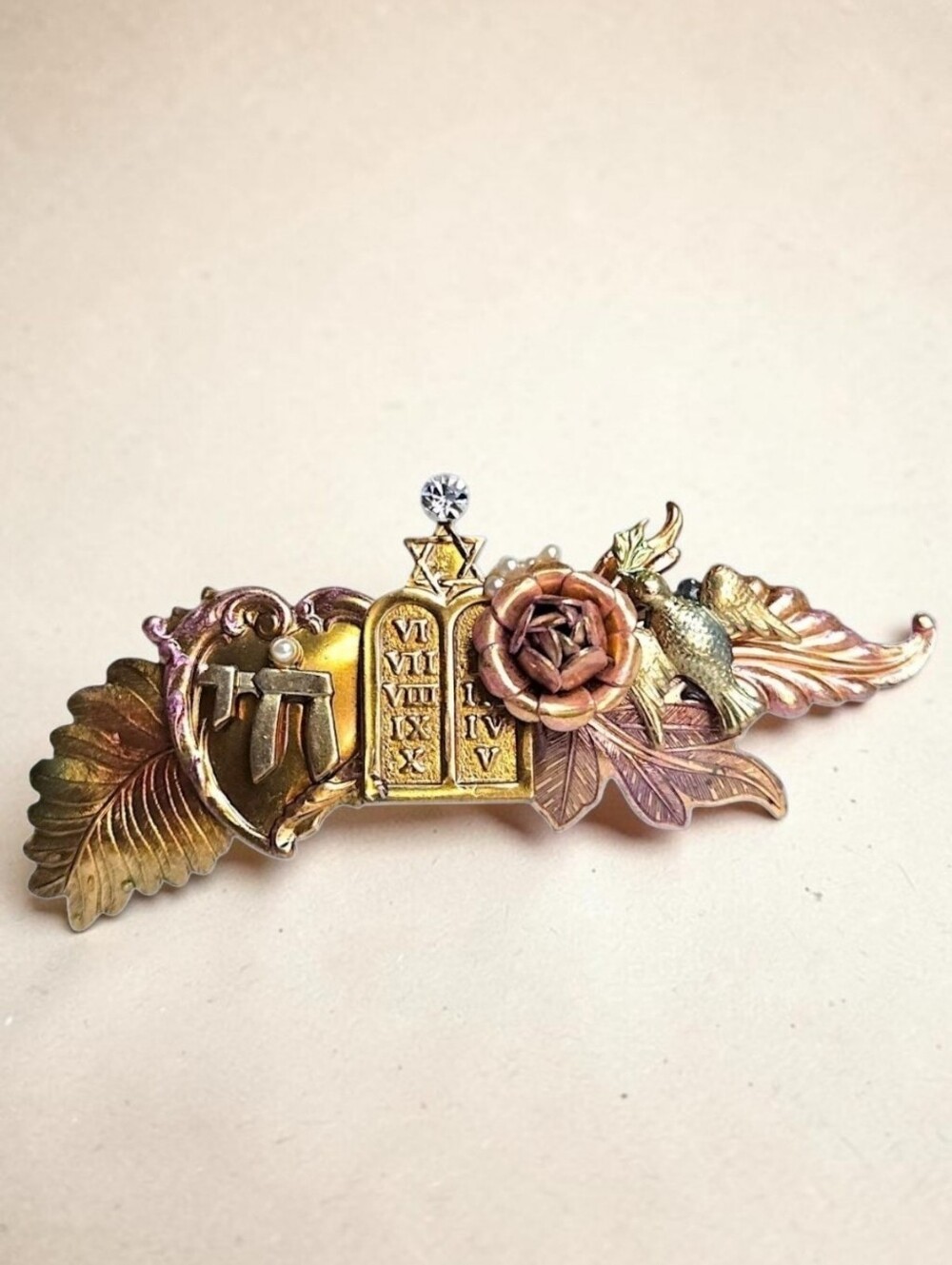 Jewish Symbols Brass Hair Barrette Chai Star of David Ten Commandments Judaica